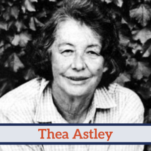 Black and White hero image of Thea Astley smiling at the camera