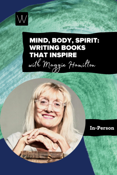 Promotional image featuring an author and text about a writing event titled "Mind, Body, Spirit: Writing Books That Inspire."