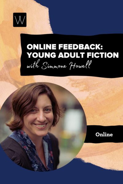 Promotional graphic for an online feedback session with Simmone Howell on young adult fiction.