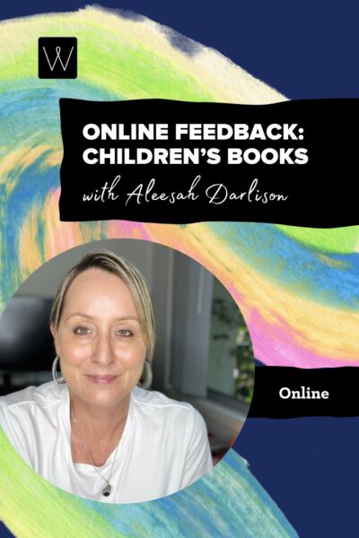 A woman in a white shirt appears in a circular frame against a colorful background. Text reads, "Online Feedback: Children's Books with Aleesah Darlison.