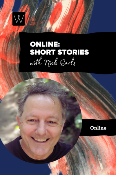 A smiling person on a promotional poster with the text "Online: Short Stories with Nick Earls" and "Online." The background has abstract red, black, and white brushstrokes.