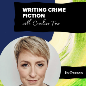 A promotional poster for a writing course with a watercolour background and portrait of a woman reading, 'Writing Crime Fiction'.